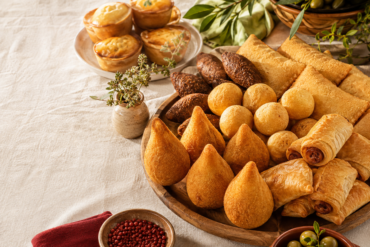 Tábua de madeira com coxinhas, kibes, bolinhas de queijo e outros salgados brasileiros